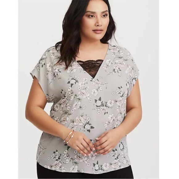Torrid Gray Floral Lace Inset Georgette Blouse 4 - Picture 1 of 16